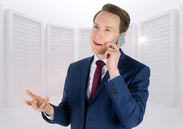 Businessman confidently talking on a mobile phone, wearing a suit and tie in a modern office environment. Useful for content related to business communication, corporate professionalism, and modern workplace technology.
