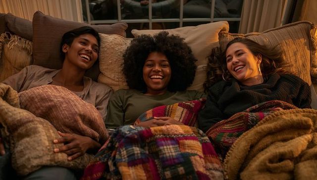 Cozy friends night: diverse women laughing and snuggling under patchwork quilts on sofa