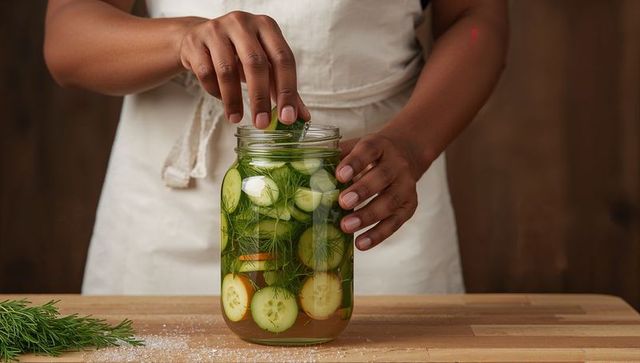 Preparing homemade dill pickles in mason jar on wooden countertop