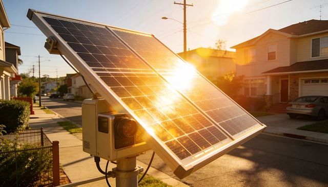 Backlit solar panel mounted on pole catching golden sunset glare over suburban street