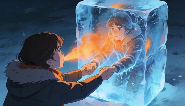 Holding hands through ice block, teen warming frozen friend with fiery breath at night