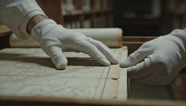Conservator examining antique map with white cotton gloves in archive conservation lab