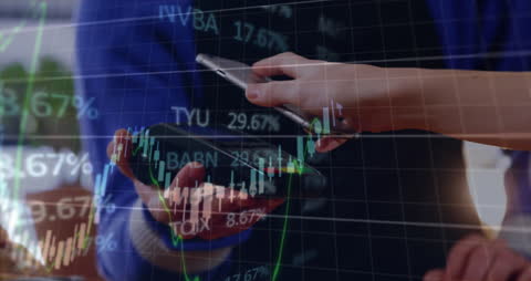 Hands Using Smartphone Overlaid with Financial Stock Market Data