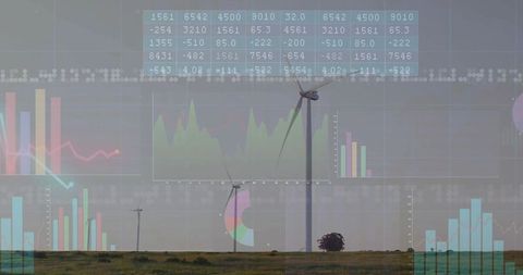 Wind Turbines Rising Over Plain with Data Analytics Overlay Displaying Renewable Metrics