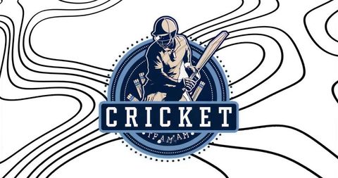 Cricket batsman emblem on vintage circular badge with minimalist flowing line background