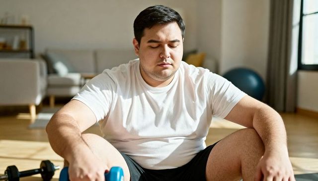 Overweight man sitting holding dumbbell during home workout in living room