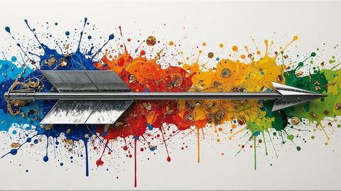 Metallic arrow with rainbow splatters on white canvas
