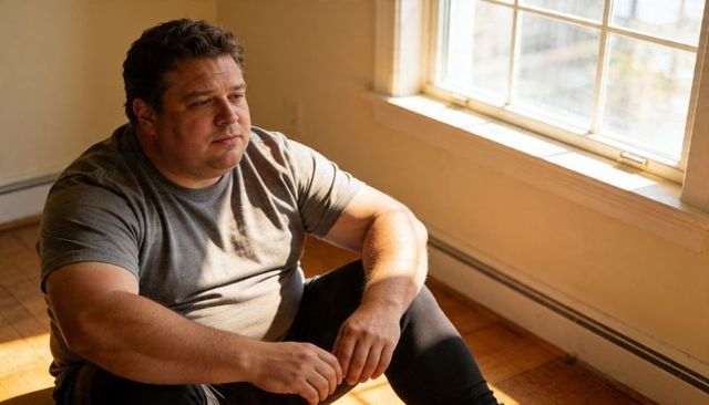 Contemplative man sitting on sunlit hardwood floor gazing out paned window