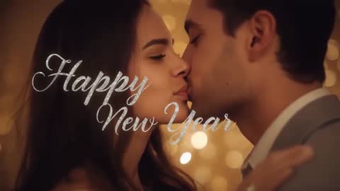Romantic couple kissing under New Year bokeh lights with 'Happy New Year' overlay