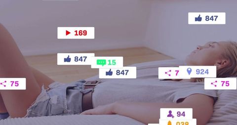 Relaxed Woman in Bedroom with Social Media Icons Float