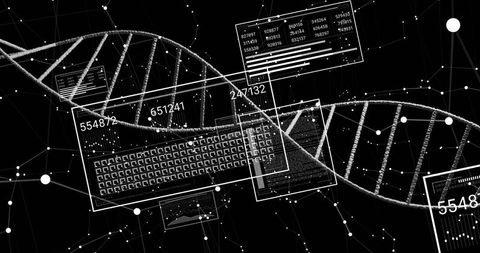 Visualizing dna double helix with digital interface, network nodes and genomic analytics