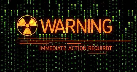Digital warning alert with radiation symbol and binary code