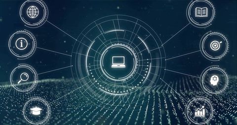 Futuristic Digital HUD with Central Laptop Icon and Networked Data Nodes on Point Cloud