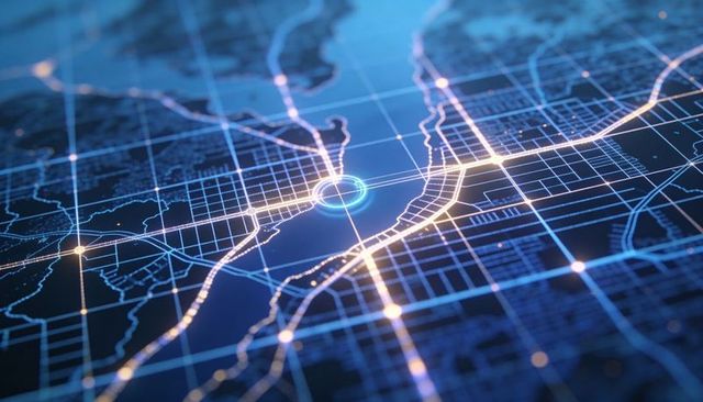 Digital city grid connecting neon nodes and smart transport routes on futuristic map