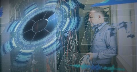 Engineer Working in Server Room with Data Interface Overlay - Download Free Stock Images Pikwizard.com