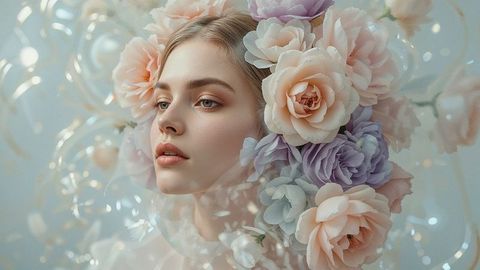 Ethereal beauty: beautiful lady with pastel rose peony crown