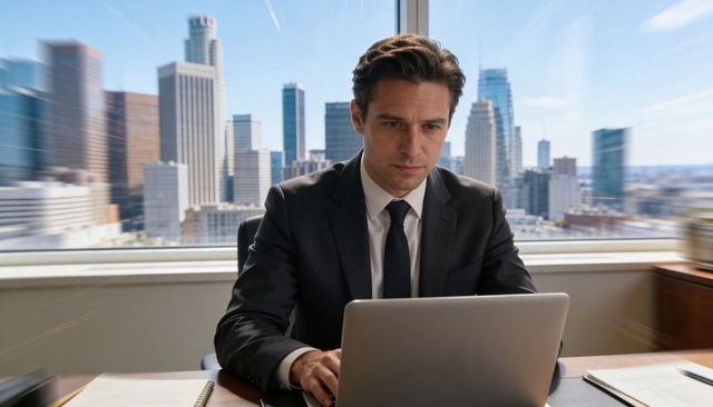 Executive working on laptop in downtown high-rise office with city view and documents