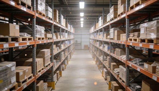 Leading warehouse aisle drawing eye toward distant roll-up door with pallet racking