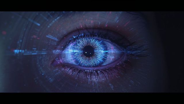 Close-Up of Futuristic Eye with Holographic Digital Interface