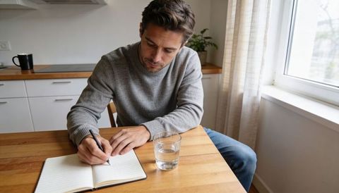 Man writing in notebook at wooden kitchen table, focusing on notes in natural daylight