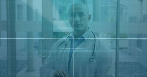 Futuristic Male Doctor in Glassy Environment with Tech Elements