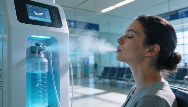 Woman inhaling nebulizer mist at airport terminal, traveler using portable respiratory care