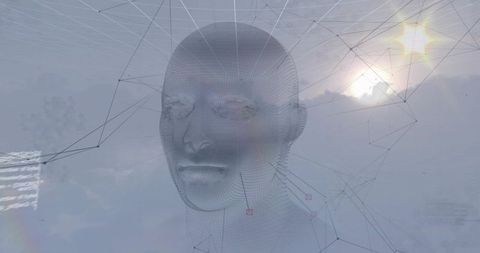 Futuristic 3d wireframe human head in digital abstract sky
