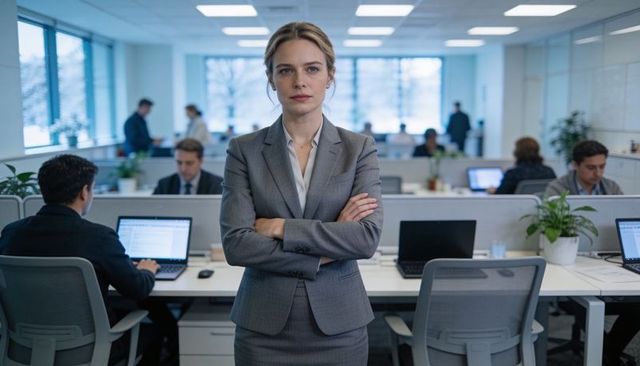 Confident woman executive standing with arms crossed in modern open office workspace