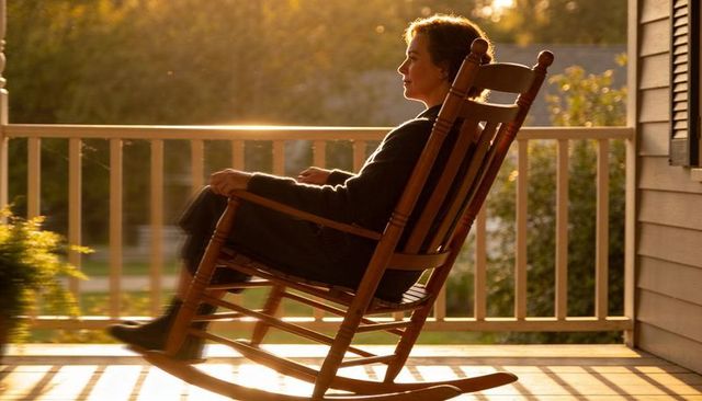 Woman rocking on sunlit porch in wooden rocking chair during golden hour reflection