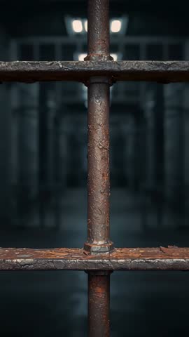 Focusing rusted cell bars with flaking paint and bolts in dim cell block vertical video