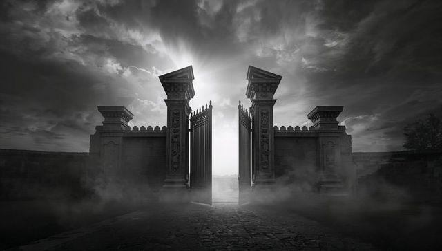 Dramatic gothic gateway with fog and stormy sky