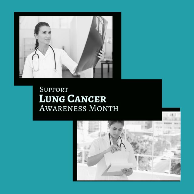 This image highlights the importance of Lung Cancer Awareness Month, featuring dedicated female doctors reviewing x-rays and medical notes. It is ideal for use in healthcare campaigns, medical awareness posters, and educational materials promoting early detection and cancer prevention.