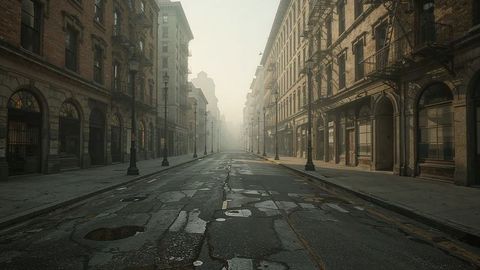 Foggy Urban Street with Historic Architecture and Arched Windows