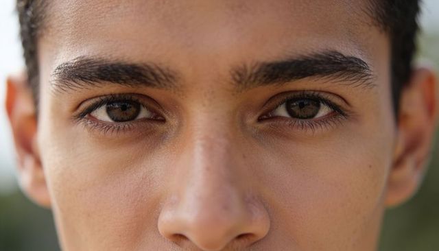 Male teen staring into camera closeup headshot showing eyes brows nose bridge skin detail