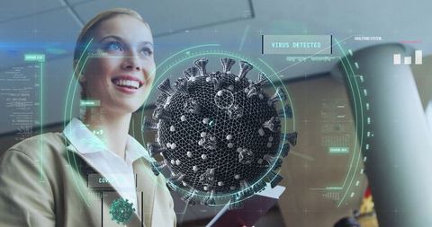 Digital Overlay of Covid-19 Virus with Woman at Airport - Download Free Stock Images Pikwizard.com