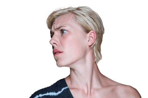 Transparent background of anxious looking woman turning