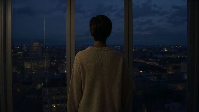 Urban night contemplation: gazing from high-rise window in beige sweater, moody city skyline
