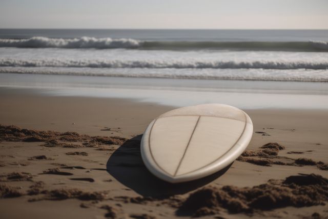 Surfboard resting on sandy beach with gentle ocean waves and sunrise in the background, perfect for depicting a serene and tranquil morning at the coast. Great for tourism, outdoor activities, summer sports promotions, travel advertisements, and lifestyle magazines.