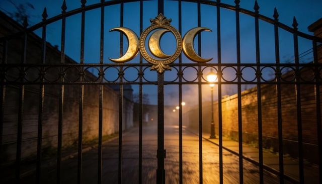 Golden triple moon emblem shining on wrought iron gate at misty lantern-lit alley entrance