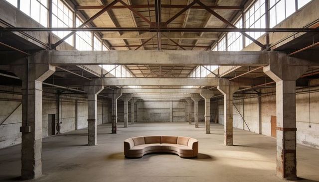 Semicircular tan sectional sofa in vast empty industrial warehouse with clerestory windows