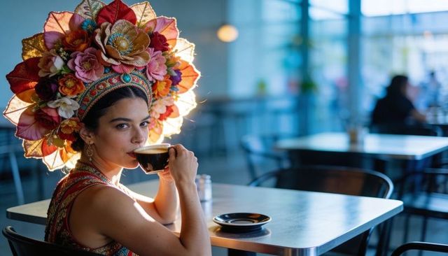 Sipping espresso wearing ornate floral headdress and embroidered top in sunlit café