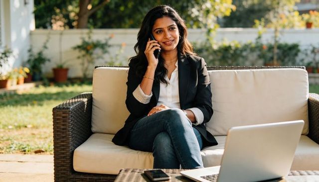 Smiling professional woman talking on phone while working on laptop outdoors on patio