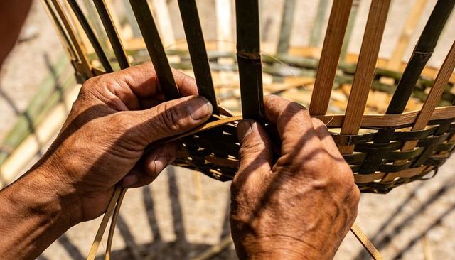 Weaving rustic bamboo basket by skilled hands in sunlit outdoor closeup