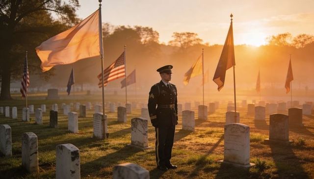 Uniformed servicemember standing at dawn among headstones and flags in military cemetery