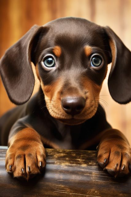 This image shows a dachshund puppy with large, expressive eyes looking curiously at the viewer. The soft focus background with warm tones emphasizes the cute features of the puppy. Perfect for advertisements, pet-related products, greeting cards, or social media posts focusing on cuteness and pets.