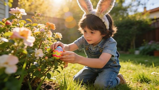 Child hunting easter eggs in backyard garden wearing bunny headband and denim overalls