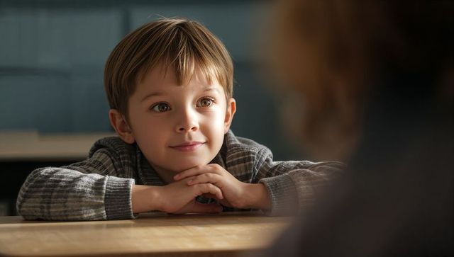 Thoughtful young boy resting chin on hands at wooden table listening to caregiver