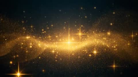 Golden cosmic particle wave with central starburst and sparkling stars motion