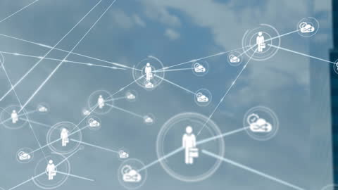 Animation of Global Networking Connections Over Cloudy Sky