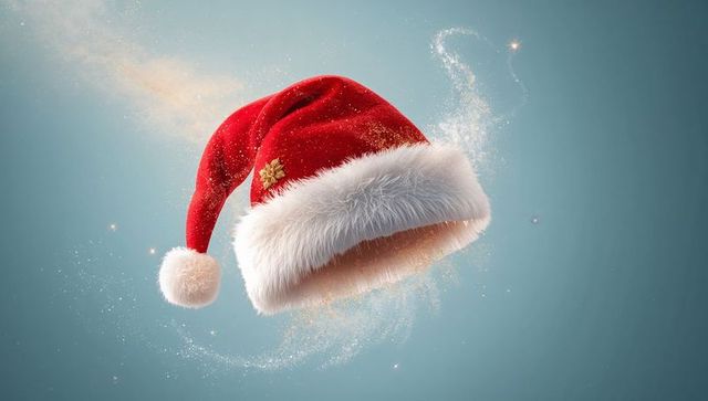 Floating Santa Hat with Velvet Fur Trim and Gold Ornament on Teal Sparkling Background